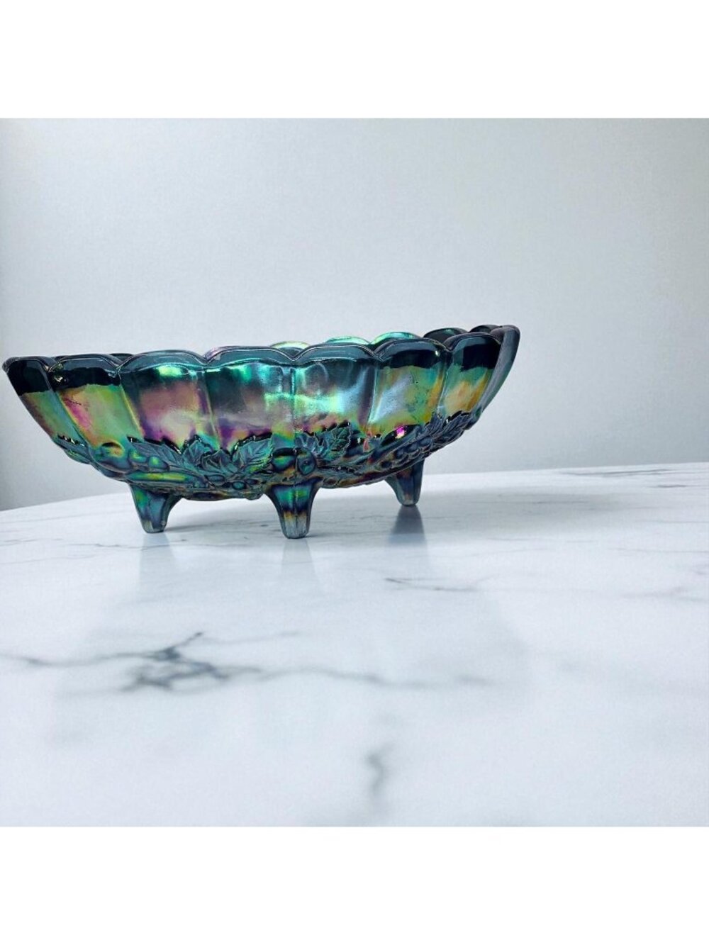 70's Indiana HARVEST CANIVAL Iridescent Glass Footed 12" Oval Centerpiece Bowl